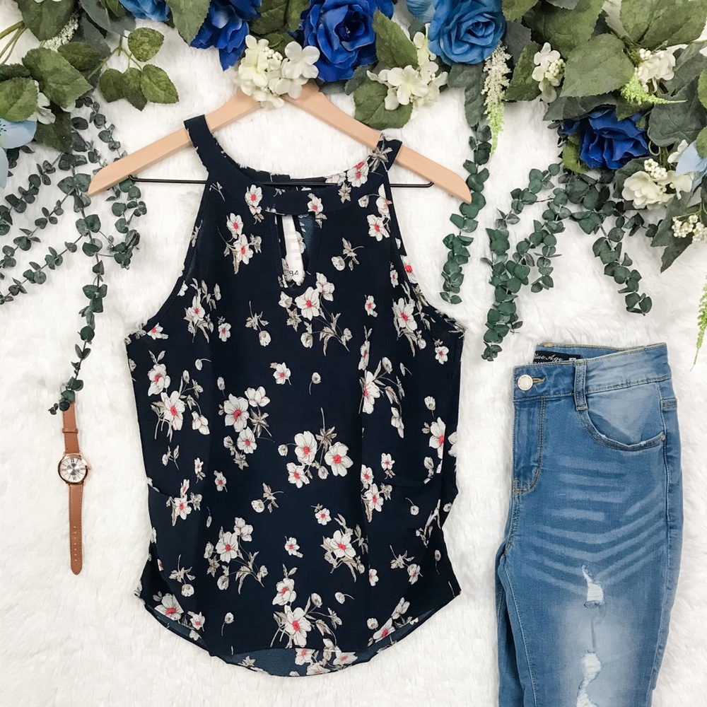 Blue top with white flower blouse